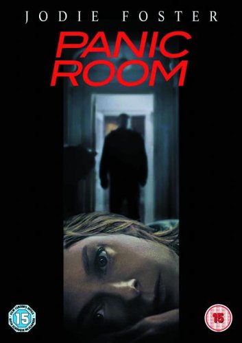 DVD cover for "Panic Room" featuring a frightened woman and a shadowy figure.