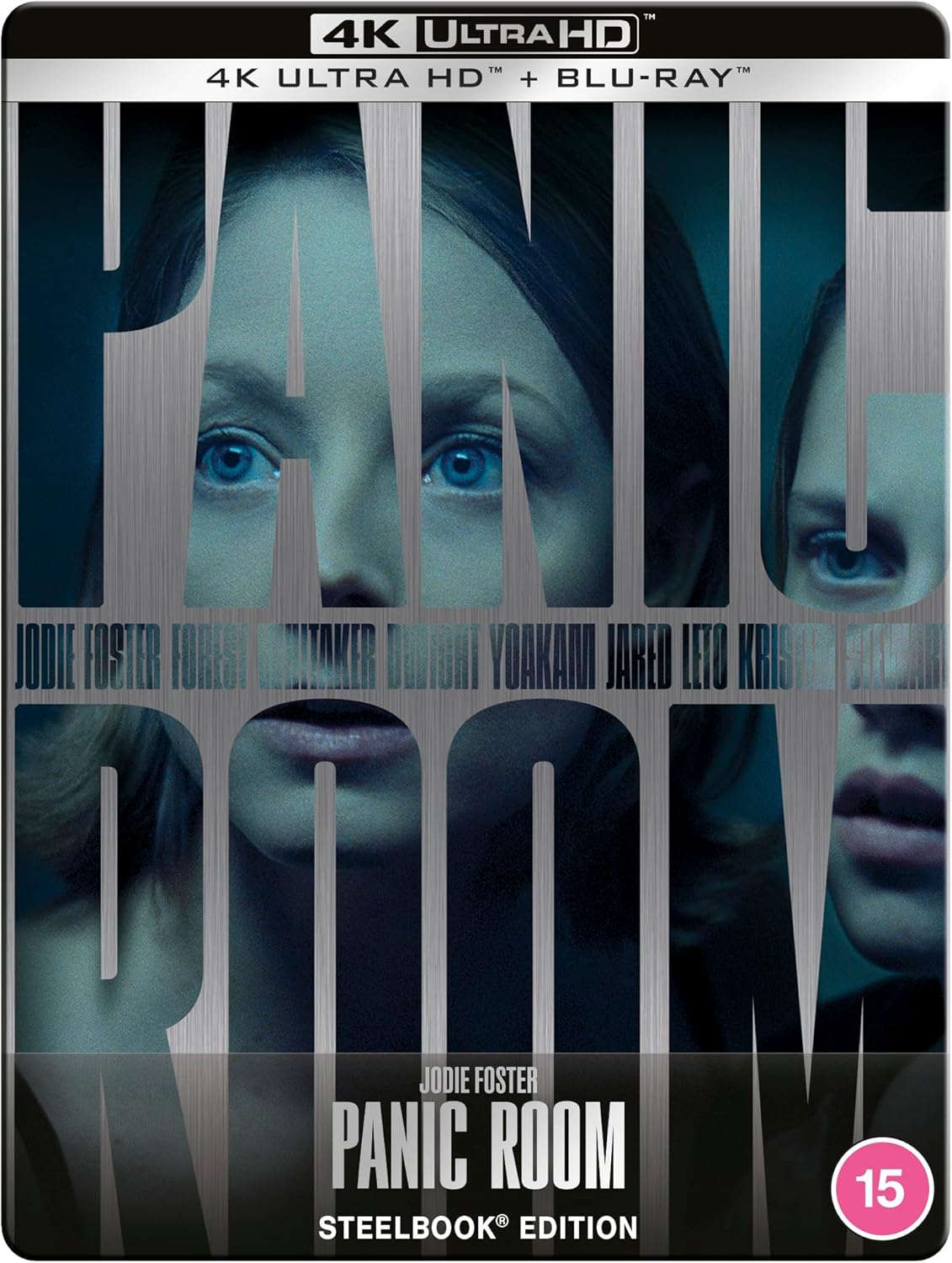 Panic Room" Steelbook 4K UHD Blu-ray cover featuring Jodie Foster’s face.
