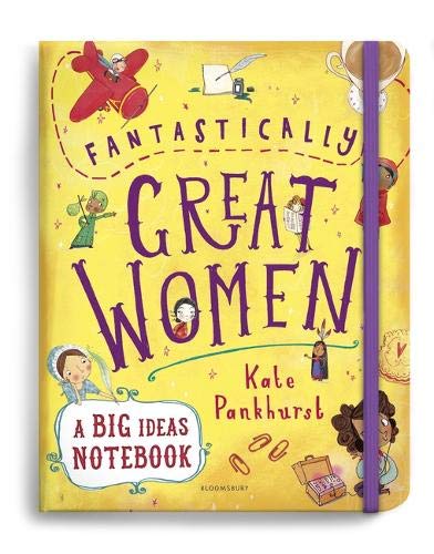 Yellow notebook with illustrated portraits of pioneering women and text.