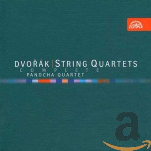 CD cover for Dvořák string quartets by Panocha Quartet, teal background.