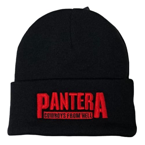 Black knit beanie with red "Pantera Cowboys From Hell" embroidery.