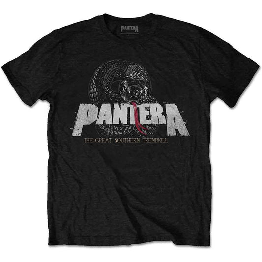Black Pantera t-shirt with snake and band logo graphic, worn by a man.