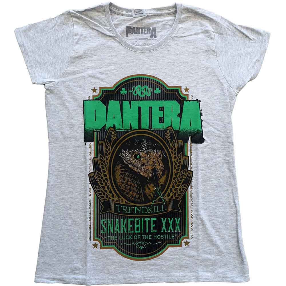 Grey women's t-shirt with Pantera "Snakebite XXX" graphic design.