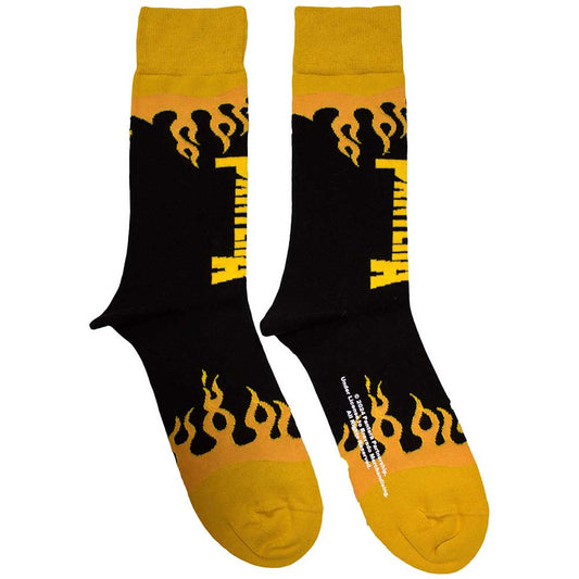 Black ankle socks featuring a red and yellow flame pattern and Pantera logo.