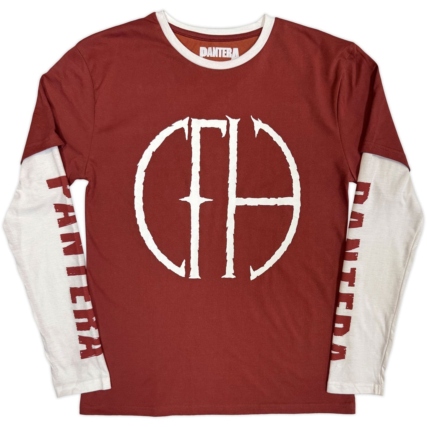 Red and white long sleeve Pantera t-shirt with circular logo.