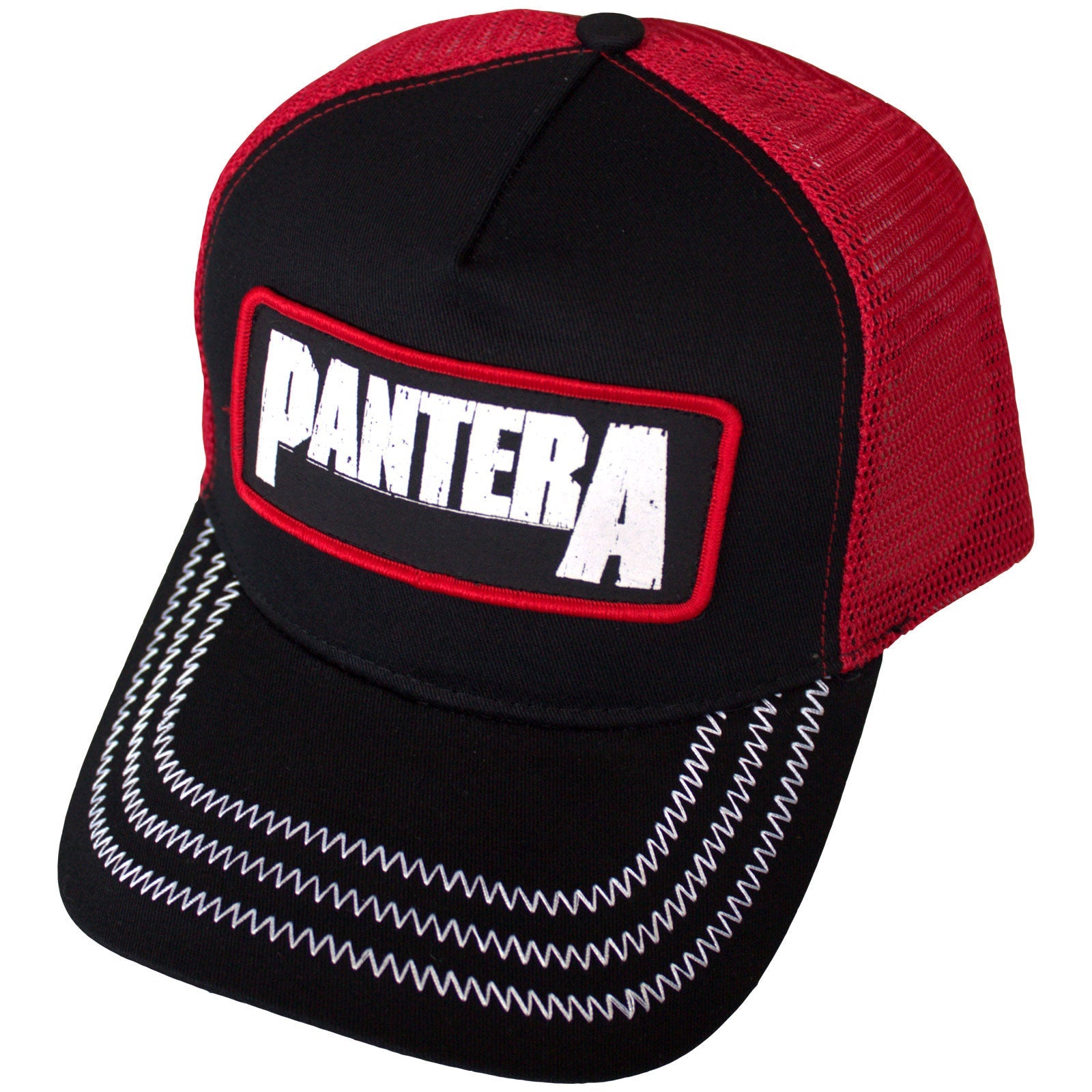 Black and red mesh back cap featuring a Pantera logo patch on the front.