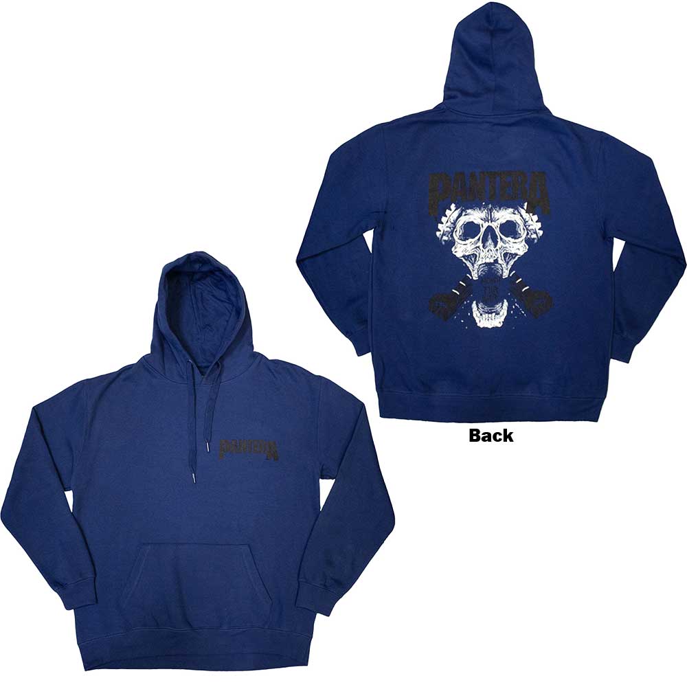 Black unisex pullover hoodie featuring a white Pantera Mouth For War back print.