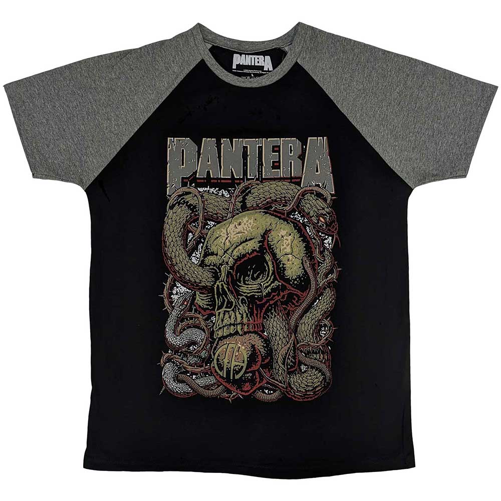 Black and gray raglan t-shirt with a serpent skull graphic.