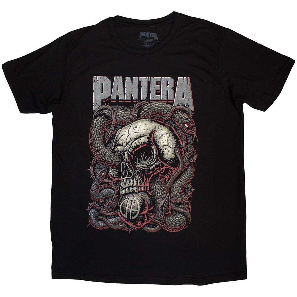 Black short sleeve t-shirt featuring a Pantera logo, a skull, and coiled snakes.