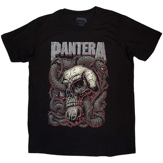 Black short sleeve t-shirt featuring a Pantera logo, a skull, and coiled snakes.