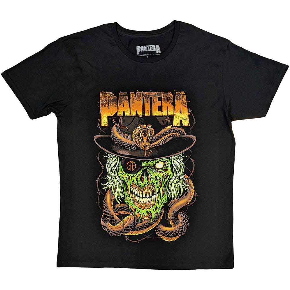 Black unisex t-shirt featuring a graphic print of a snake coiled around a skull.
