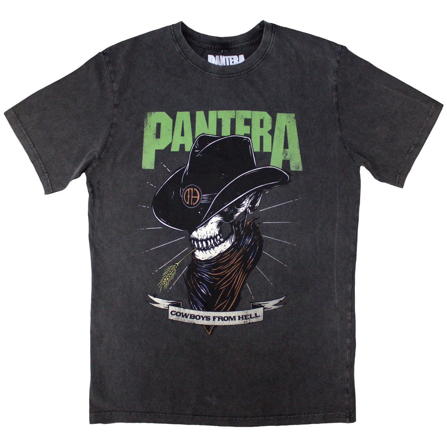 Medium, stone-wash t-shirt with a skeleton cowboy graphic; Pantera band logo.