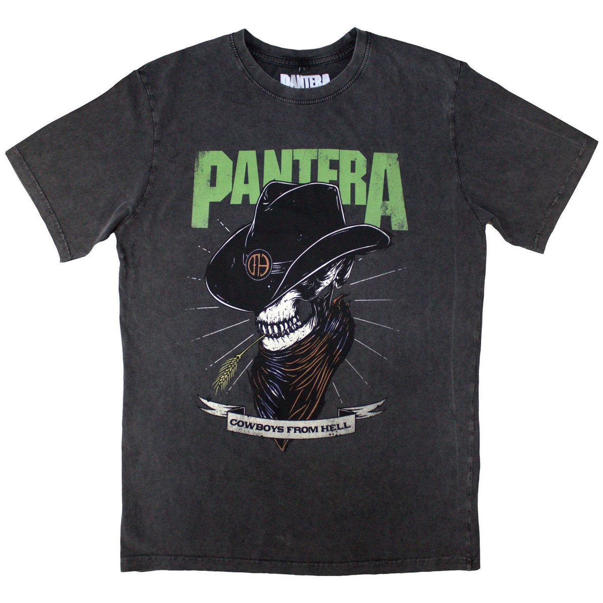 Medium, stone-wash t-shirt with a skeleton cowboy graphic; Pantera band logo.