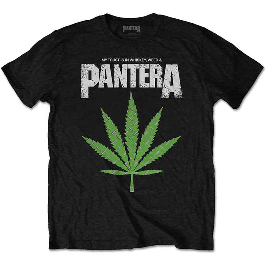 A man wearing a black Pantera t-shirt featuring a green cannabis leaf graphic.