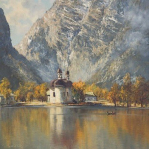 Painting of a small church by a lake, with mountains in the background.