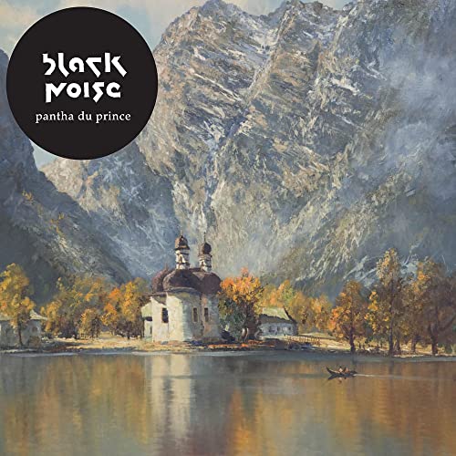 Painting of a churchLakeside church and mountains with a black circular text overlay.