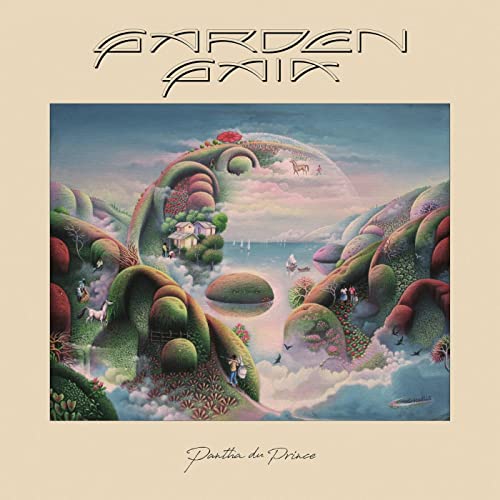 Album cover: surreal landscape with rolling hills, water, and figures.
