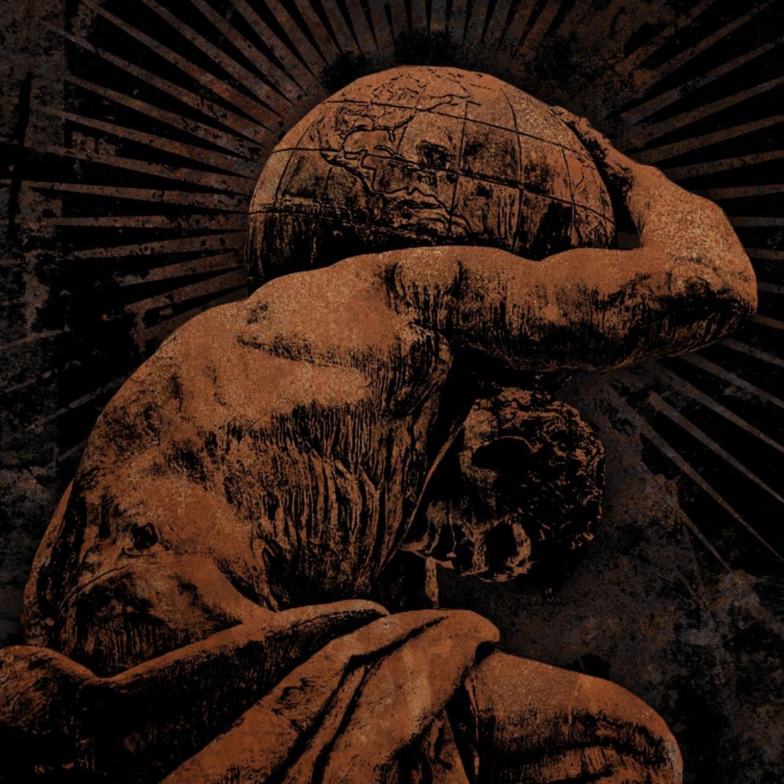 Sepia-toned image of a muscular figure straining under a globe.