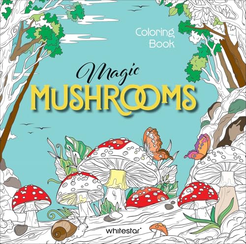 “Magic Mushrooms” coloring book cover with detailed mushroom and forest illustrations.
