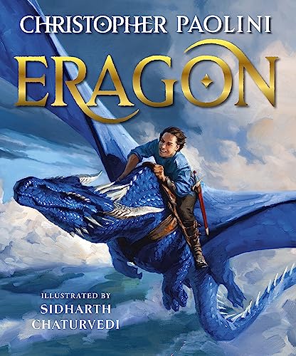 A young man rides a large blue dragon through a cloudy sky on a book cover.