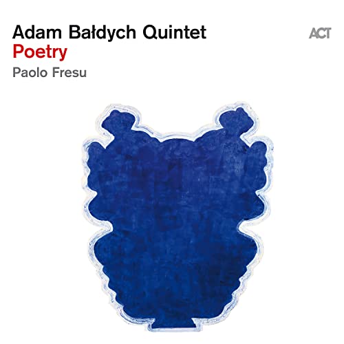 Album cover featuring text and an abstract blue shape on a white background.