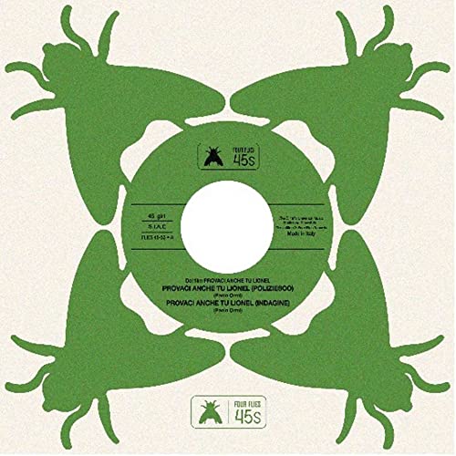 Green vinyl record label with abstract insect-like shapes and text.