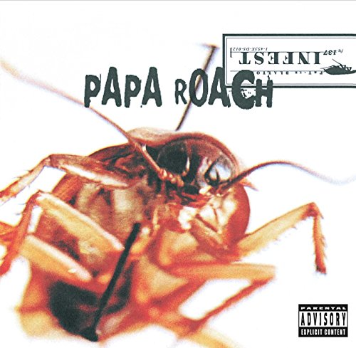 "Album cover with a large cockroach and 'Papa Roach - Infest' text, parental advisory logo."