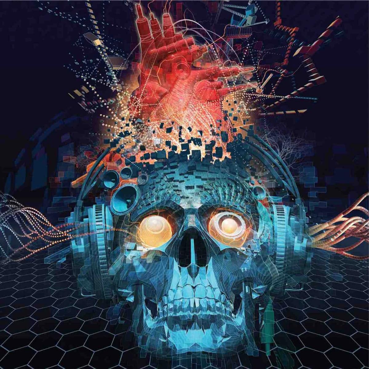 Skull with glowing eyes and a digital heart, abstract blue background.