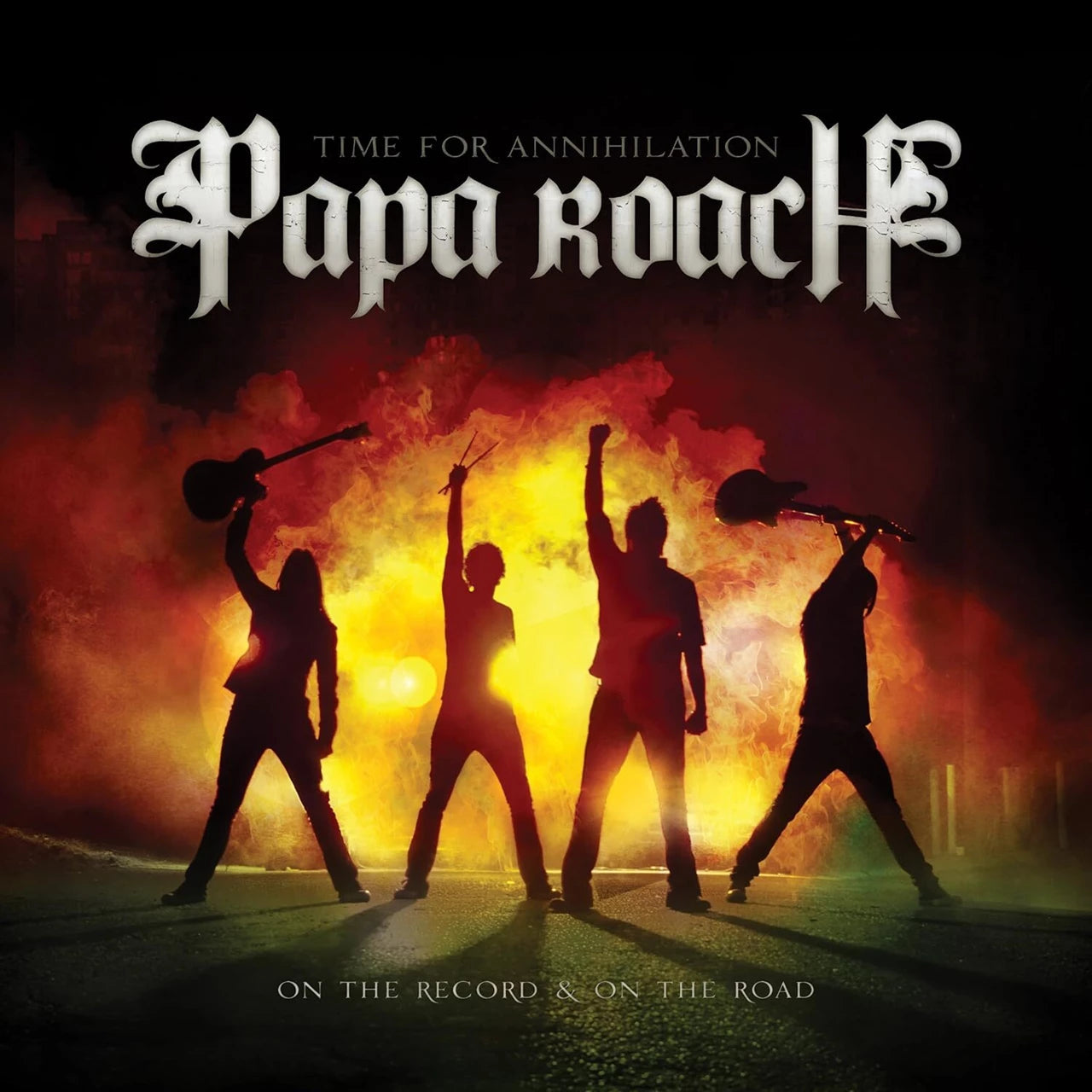 Papa Roach album cover: silhouetted figures against a fiery, chaotic background.