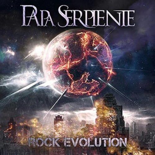 CD cover: fiery planet over a ruined cityscape, band name "Papa Serpiente".