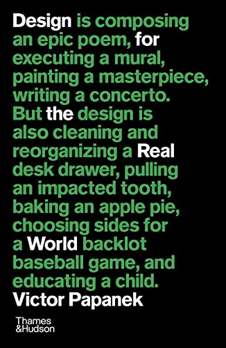 Book cover with green and white text on a black background by Victor Papanek.