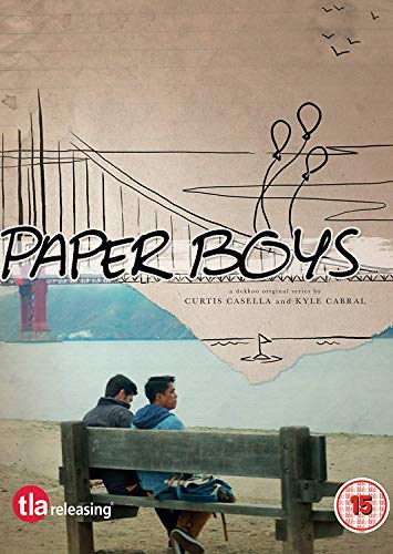 Two men sit on a bench overlooking a bay with a bridge illustration above.
