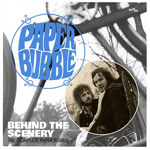 "Album cover with 'Paper Bubble' in blue, featuring two men and metal structure."