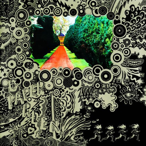 Album cover with a garden view framed by black and white doodles.