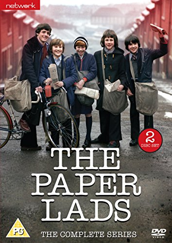 Group of schoolboys with newspapers and bicycles, DVD cover art.