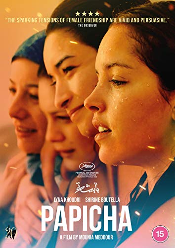 DVD cover for "Papicha" featuring four women in headscarves, looking intently.