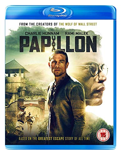 “Papillon” Blu-ray cover featuring Charlie Hunnam and Rami Malek in a prison setting.