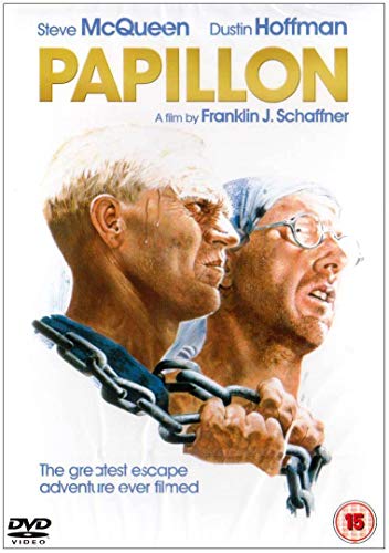 “Papillon” DVD cover featuring Steve McQueen and Dustin Hoffman in prison garb.