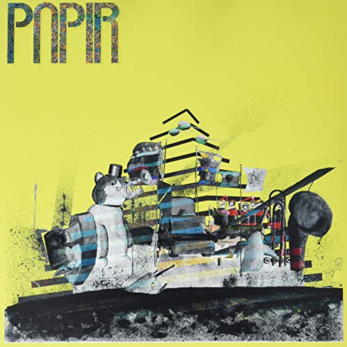 Yellow album cover with collage of a bear, buildings, and vehicles.