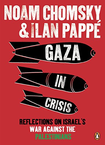 Book cover: "Gaza in Crisis" with red background and bomb illustrations.