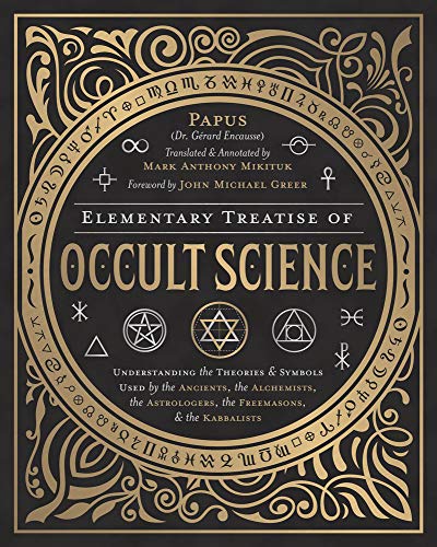 Book cover with ornate gold frame, occult symbols, and title "Elementary Treatise of Occult Science.