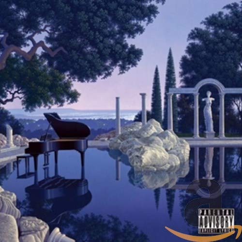 CD cover: piano by a pool with statues, hazy landscape background.