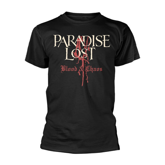 Black t-shirt with white and red “Paradise Lost Blood & Chaos” graphic.