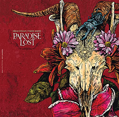 Skull with ram horns, flowers, and beetle on a textured red background.