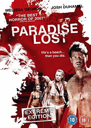 DVD cover for Paradise Lost showing blood-splattered actors on a beach with 18 ratings.