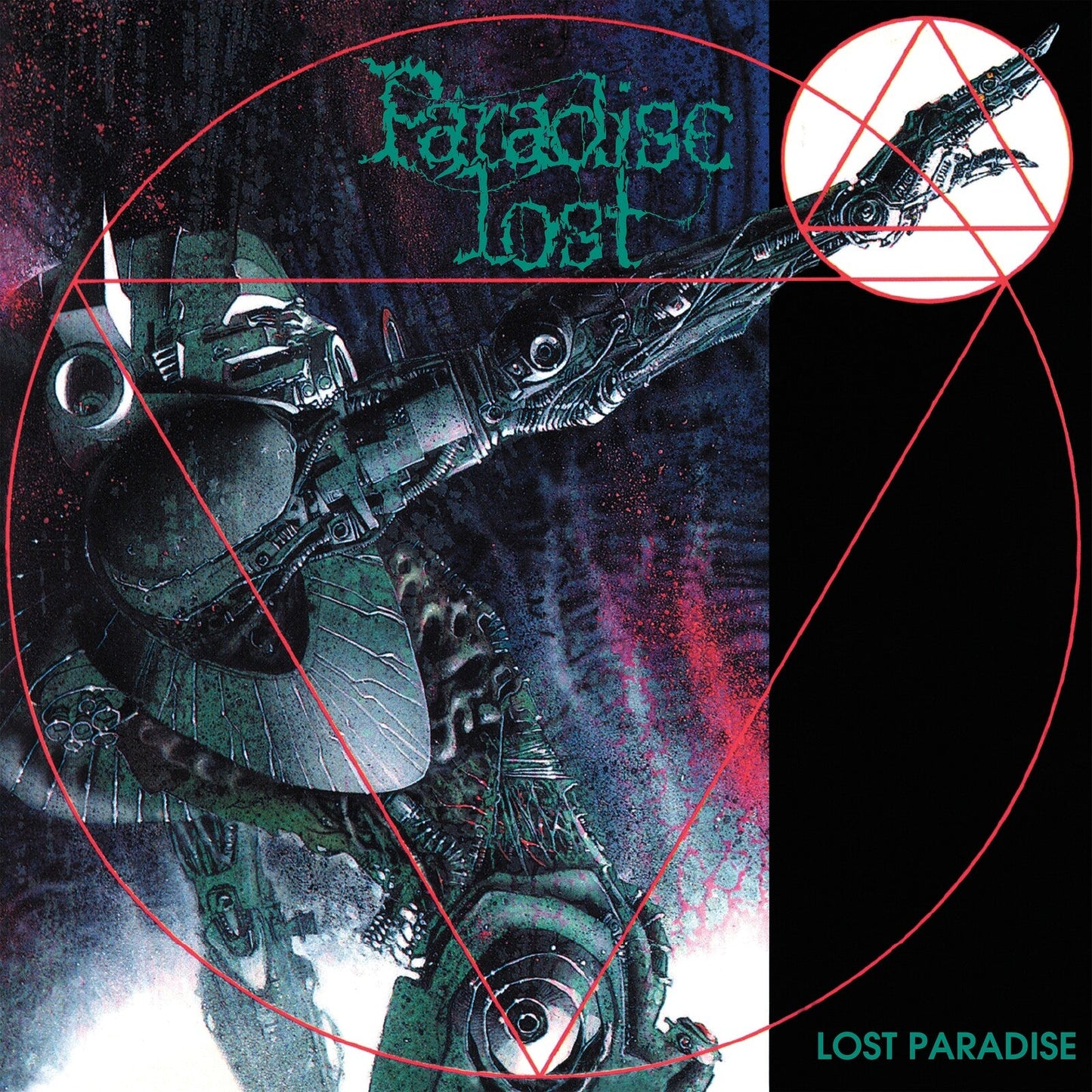 Album cover featuring a biomechanical figure overlaid with red geometric lines and text.