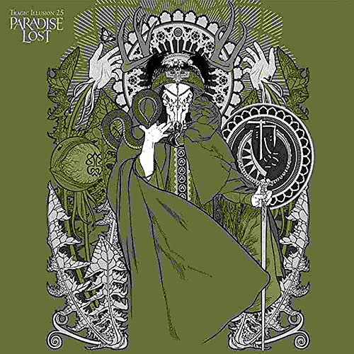 Stylized illustration of a hooded figure with a skull face, snake, and antlers.