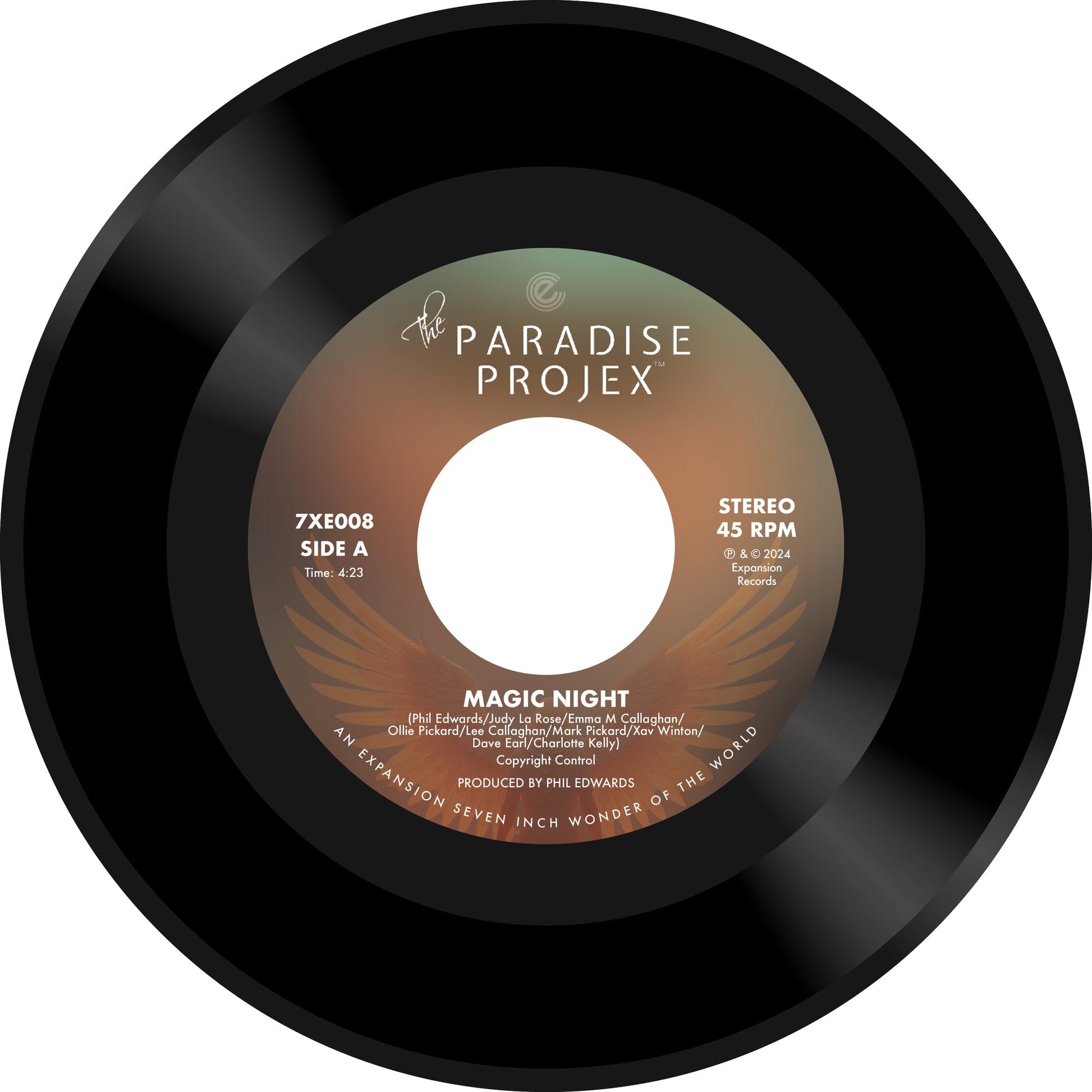 Vinyl record label for "Paradise Projexthe - Magic Night," black and yellow.