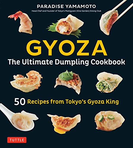 Cookbook cover titled Gyoza featuring various dumplings on a dark background.