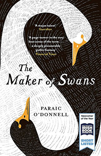 Book cover: black and white swan design, title "The Maker of Swans.
